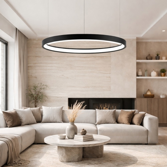 Lampadario a sospensione anello nero led 40w 3000k dimmerabile per soggiorno